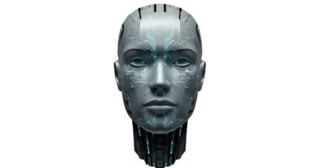 Silver robot head with intricate circuit patterns isolated on transparent background, representing advanced technology
