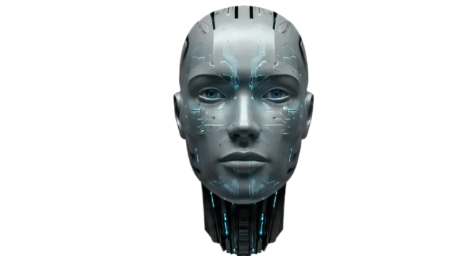 Silver robot head with intricate circuit patterns isolated on transparent background, representing advanced technology
