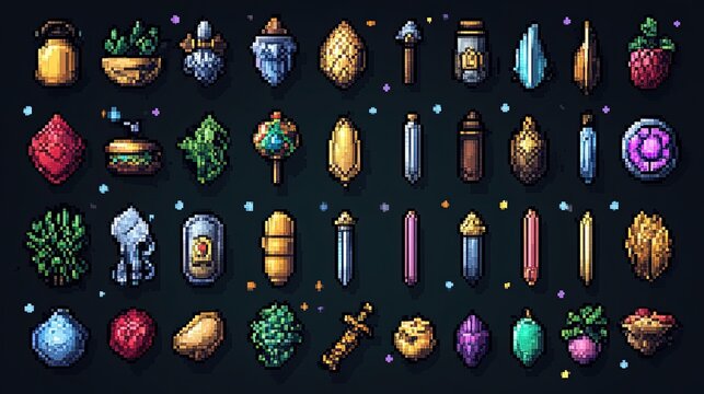 Pixel art collection of fantasy items, gems, weapons, and food.