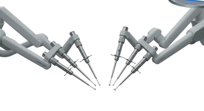 Robotic surgery arms isolated on transparent background, advanced technology for minimally invasive procedures - Powered by Adobe