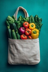 A tote bag filled with fresh vegetables, including zucchini, tomatoes, and peppers against a teal background.
