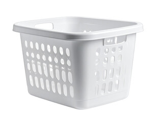 White plastic, square laundry basket with holes