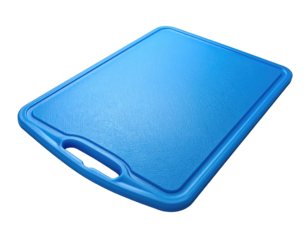 Blue cutting board angled with handle on black background