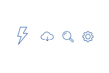 Vector line icon set for web and mobile applications. Thin outline symbols for user interface design. Includes energy, cloud download, search, and settings icons for UI/UX.