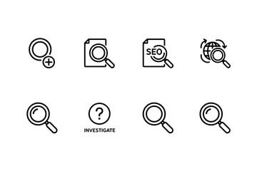Set of search magnifying glass icons isolated on white background, SEO and investigation symbols, document analysis, global search, zoom and inquiry vector line art illustration