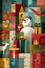 A vibrant, abstract holiday artwork with a cheerful snowman, colorful gift boxes, and festive patterns, evoking a joyful winter atmosphere.