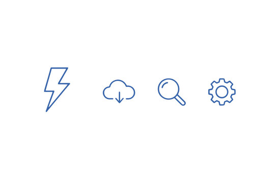 Vector line icon set for web and mobile applications. Thin outline symbols for user interface design. Includes energy, cloud download, search, and settings icons for UI/UX.
