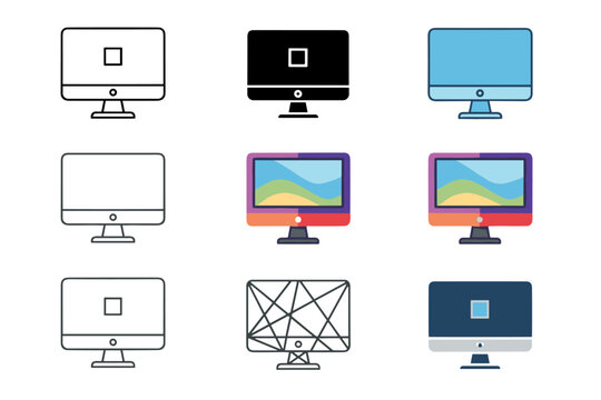 Set of modern desktop computer icons in various styles including outline, filled, colorful, and abstract geometric design, technology and device vector illustration for digital and web use