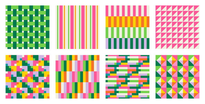 Set of Essential geometric printable seamless pattern with abstract Minimal elegant line form stroke shapes in vibrant colors. Modern simple background in minimalist mid century style vector wall art