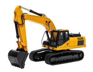 Yellow excavator with black treads and bucket