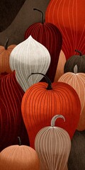 A vibrant collection of stylized pumpkins featuring various shapes and colors, creating a warm autumn atmosphere.