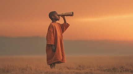 African boy in traditional orange clothing looking through a brass telescope at the vast, glowing orange sky over a dry, grassy landscape at sunset