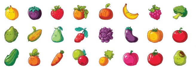 Fototapeta premium Collection of Whimsical Cartoon Fruits and Vegetables on a White Background for Healthy Eating Concepts