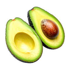 Fresh avocado cut in half revealing creamy flesh and large brown seed on white background