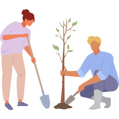 Two People Planting a Small Tree Outdoors with Tools on a Sunny Day Representing Growth and Environmental Care