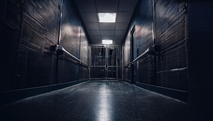 open jail cell door in dark prison hallway low angle perspective moody lighting gloomy architecture interior