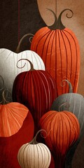 A stylized collection of pumpkins in various colors, showcasing shades of orange, red, and white, with intricate lines.
