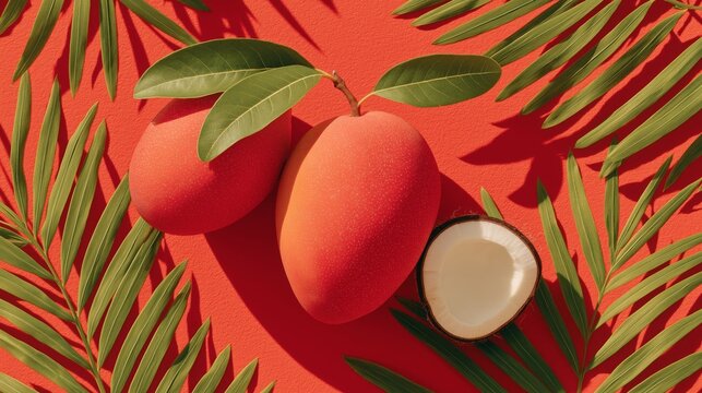 Vibrant still life featuring two red-orange mangoes and a cracked open coconut half, surrounded by lush palm leaves on a striking red background - Powered by Adobe