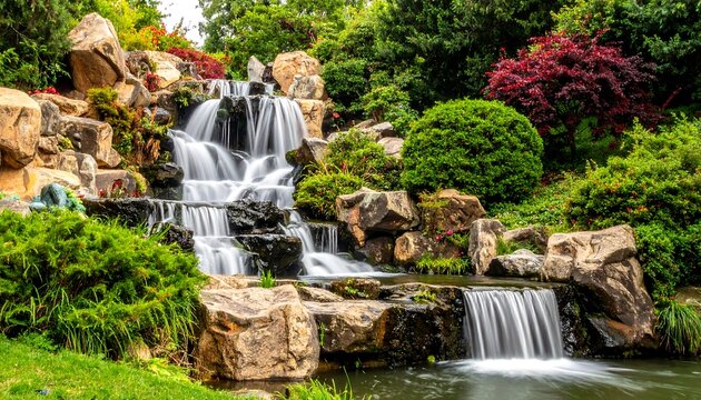 A multi-tiered waterfall cascades over rocks, surrounded by lush greenery, bushes, and colorful flowering plants - Powered by Adobe