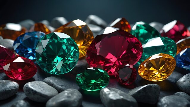 Vibrant gemstone assortment captured with macro precision, revealing fine cuts and reflective brilliance. Perfect for luxury ads, fine jewelry branding or backgrounds