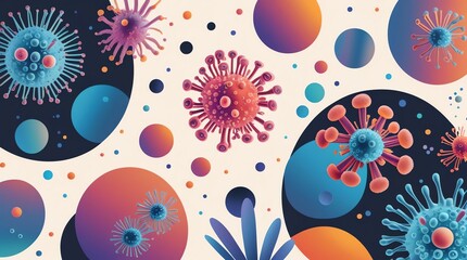 Abstract illustration of colorful spiky viral particles and blurred circles