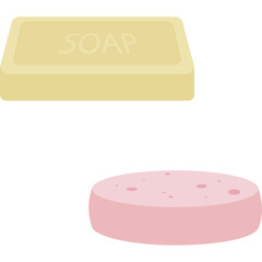 Two hygiene items a rectangular bar of yellow soap with the word soap embossed on it and a round pink sponge with small dark specks presented on a clean white background
