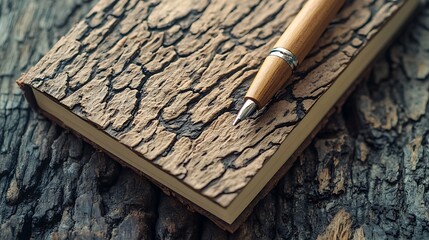 Wooden Pen Resting on a Unique BarkCovered Notebook on a Weathered Tree Trunk