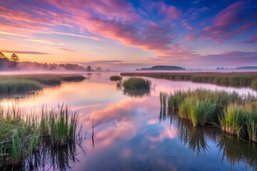 Obraz premium Beautiful sunrise over the marsh with colorful clouds reflecting in water