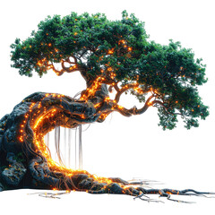 Magical ancient tree with glowing roots and vibrant green foliage, symbolizing life and energy.