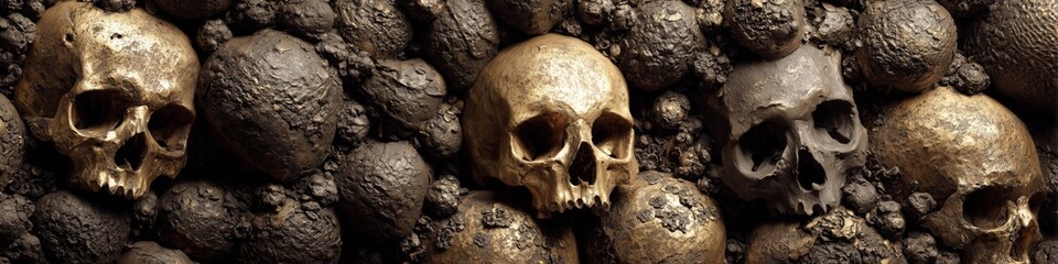 The image features a collection of skulls, both golden and dark, artistically arranged on a textured surface, creating a dramatic and intriguing visual effect.