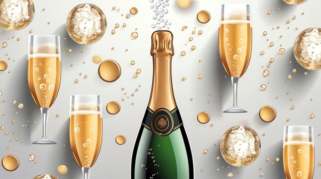 Champagne bottle and glasses with bubbles and golden spheres