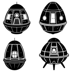 Four black and white egg shaped space pods with windows and doors floating in a starry environment