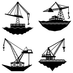 Illustration of four crane silhouettes on floating platforms in a black and white graphic design style