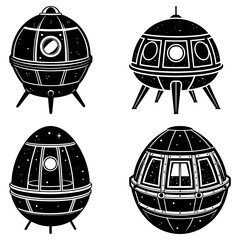 Four black and white vintage space capsules with windows and landing legs in a retro style design illustration