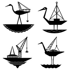 Four stylized black crane silhouettes with industrial elements on water in a graphic composition