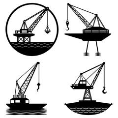 Silhouette illustrations of offshore oil rigs cranes and vessels against a white background design layout