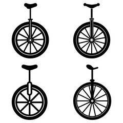 Four unicycles in black and white with varying spoke designs and seat orientations presented together