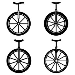 A set of four black and white unicycle illustrations with varying spoke designs on a white background
