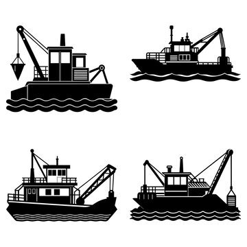 Illustration of four black dredging vessels with cranes on wavy water in simple silhouette style design
