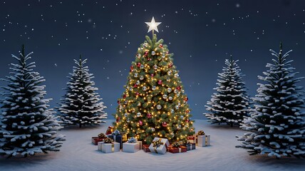 Obraz premium Beautiful Christmas Tree Decorated with Lights and Gifts in Snowy Forest Under Starry Night Sky