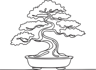 Continuous one line drawing of a beautiful bonsai tree in a pot showing elegant minimalist outline art and nature-inspired design