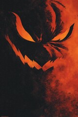 A menacing figure emerges from the shadows, featuring sharp teeth and glowing eyes, creating a chilling atmosphere.