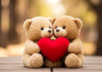 Obraz premium Two teddy bears holding red heart together. Generative Ai