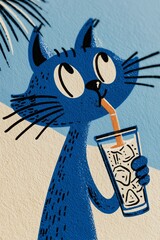 A playful illustration of a blue cat sipping a drink, exuding a cheerful and relaxed vibe.