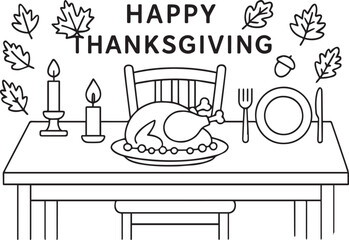 Happy Thanksgiving Dinner Table Line Art