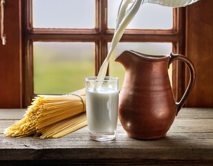 rustic charm creamy cow s milk flowing from a worn rustic jug into a glass by a window with pasta on a wood table