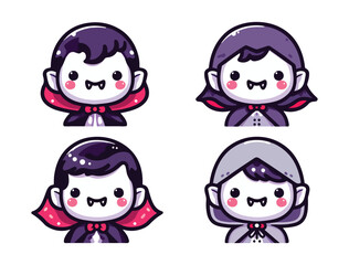 Kawaii Halloween Vampire Icons in Purple and Red Outfits for Stickers and Prints