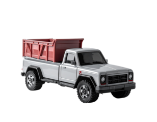 Light grey pickup truck with red dump bed, isolated