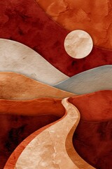 An abstract composition featuring flowing shapes in warm tones, a sun, and a winding path.