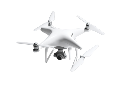 White quadcopter with camera suspended
